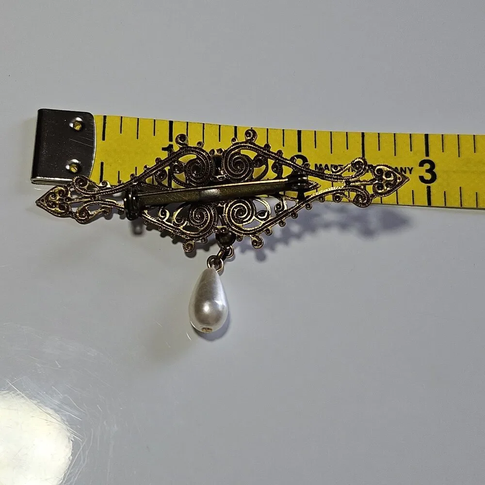 Vintage Victorian Style Filigree & Pearls Pearl Drop Brooch Gilded Brass Metal